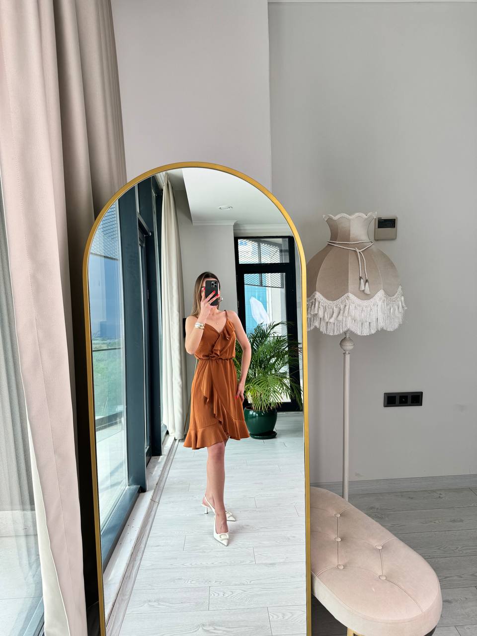 Kiremit%20Tensel%20Kumaş%20Volan%20Detaylı%20Askılı%20Elbise