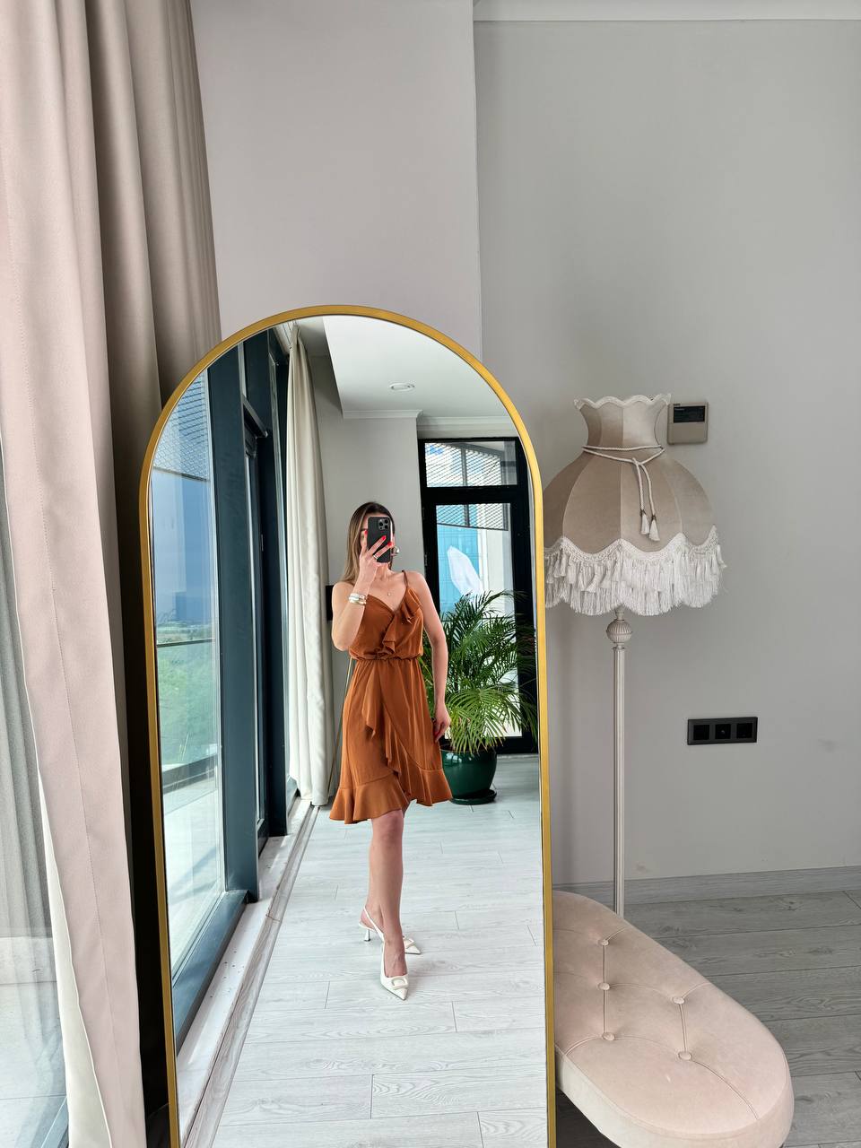 Kiremit%20Tensel%20Kumaş%20Volan%20Detaylı%20Askılı%20Elbise