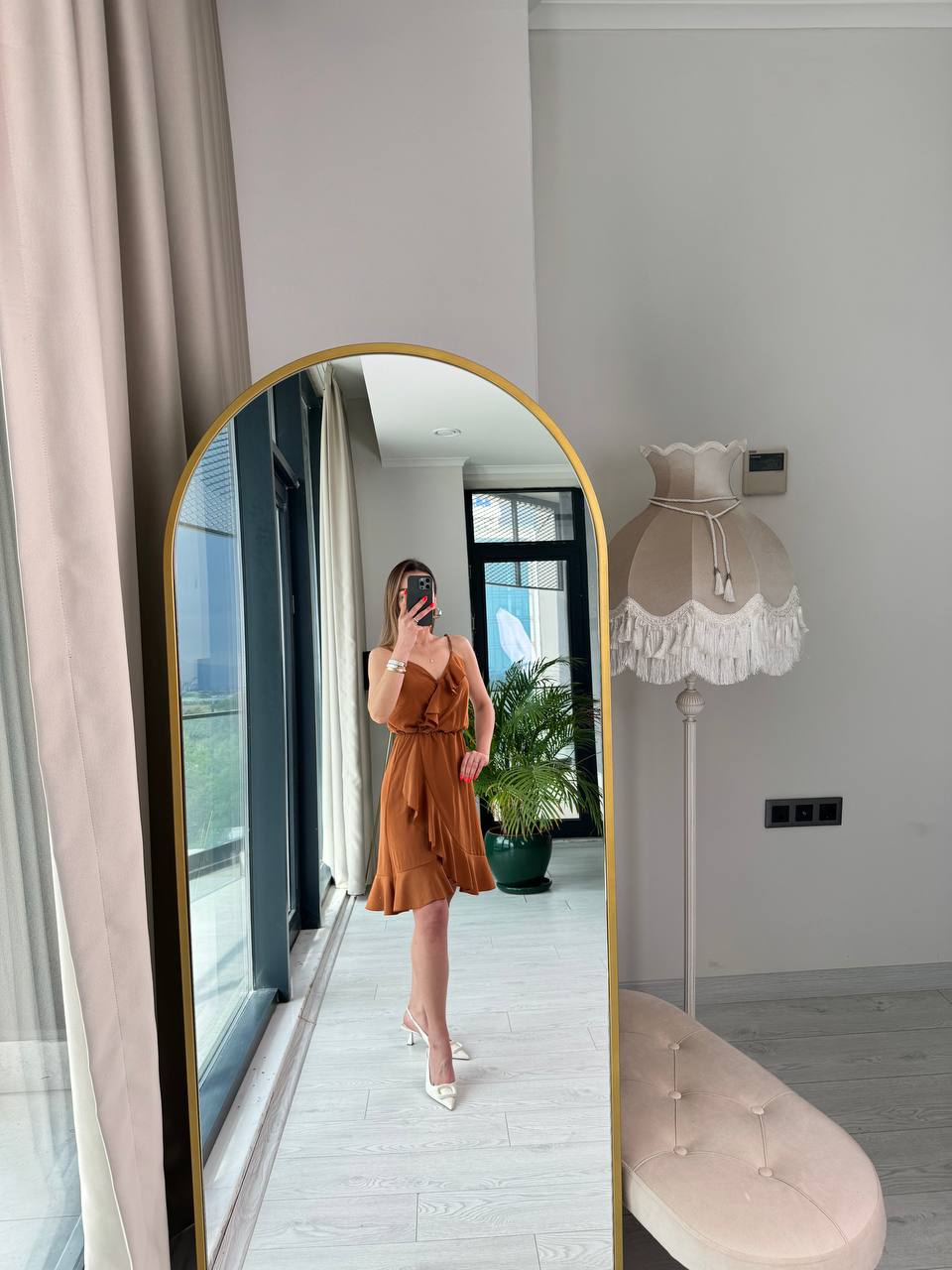 Kiremit%20Tensel%20Kumaş%20Volan%20Detaylı%20Askılı%20Elbise