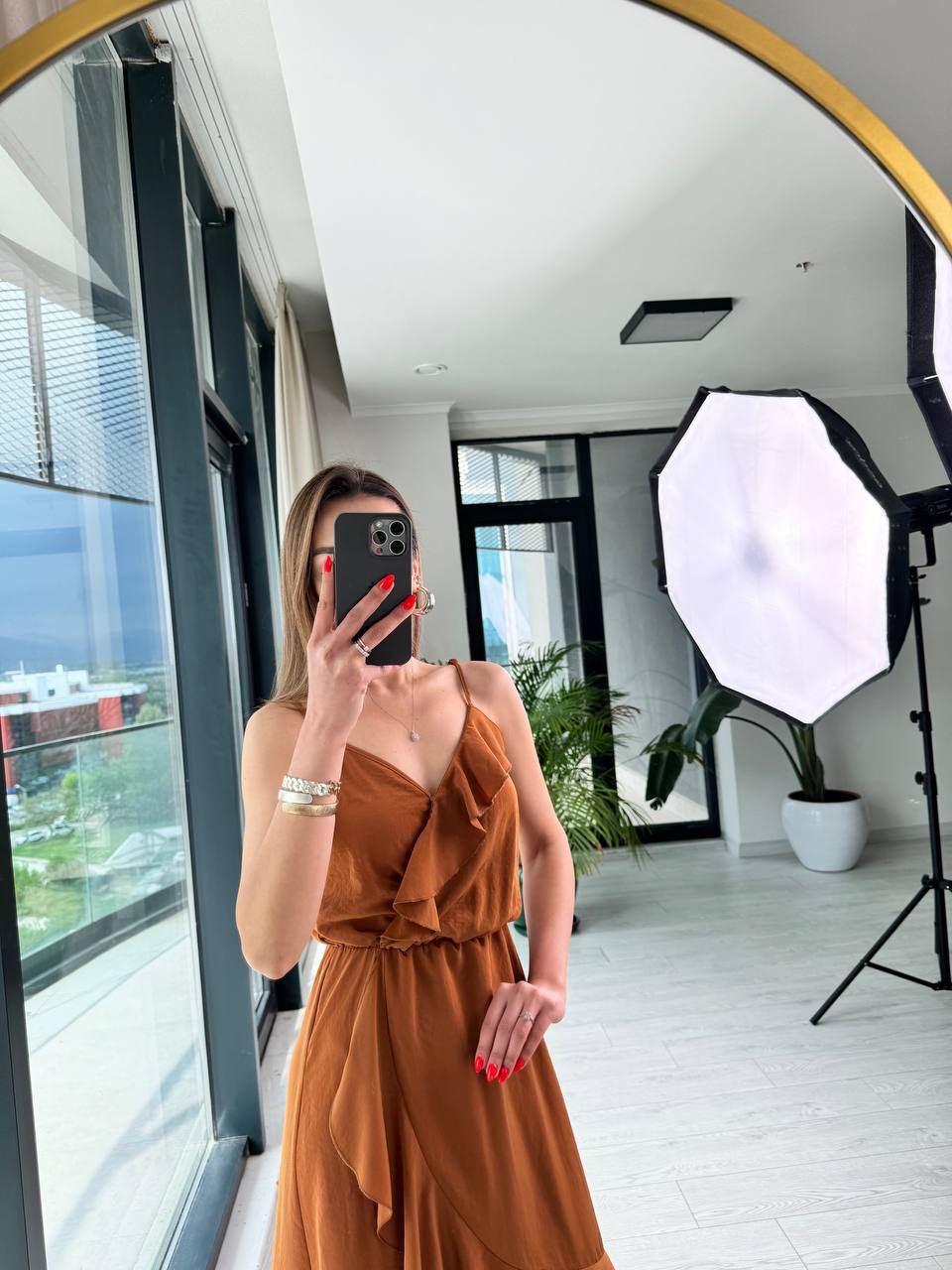 Kiremit%20Tensel%20Kumaş%20Volan%20Detaylı%20Askılı%20Elbise