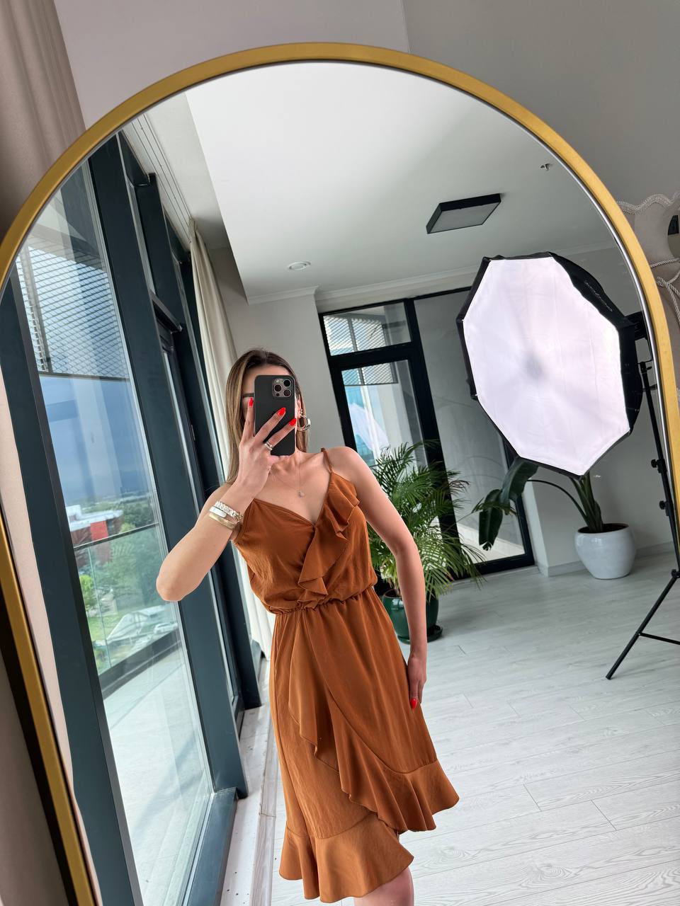 Kiremit%20Tensel%20Kumaş%20Volan%20Detaylı%20Askılı%20Elbise