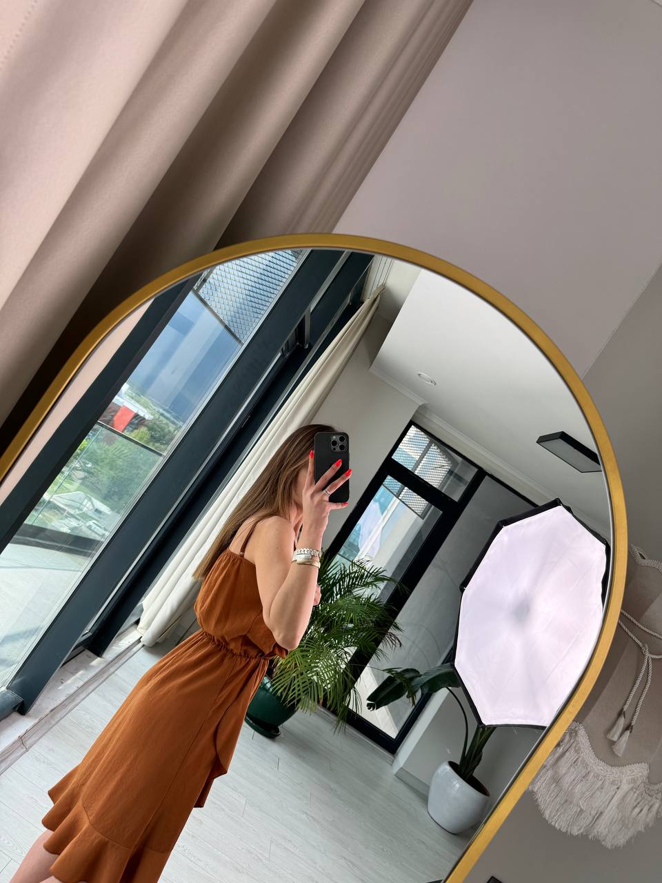 Kiremit%20Tensel%20Kumaş%20Volan%20Detaylı%20Askılı%20Elbise