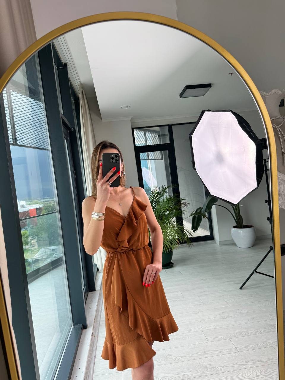 Kiremit%20Tensel%20Kumaş%20Volan%20Detaylı%20Askılı%20Elbise