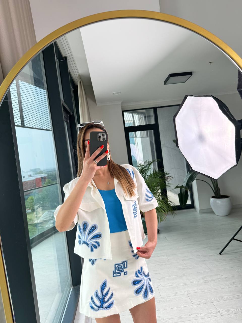 %100%20Pamuk%20Keten%20Gabardin%20Mavi%20Nakışlı%20Premium%20Şort%20Etek%20Ceket%20Takım