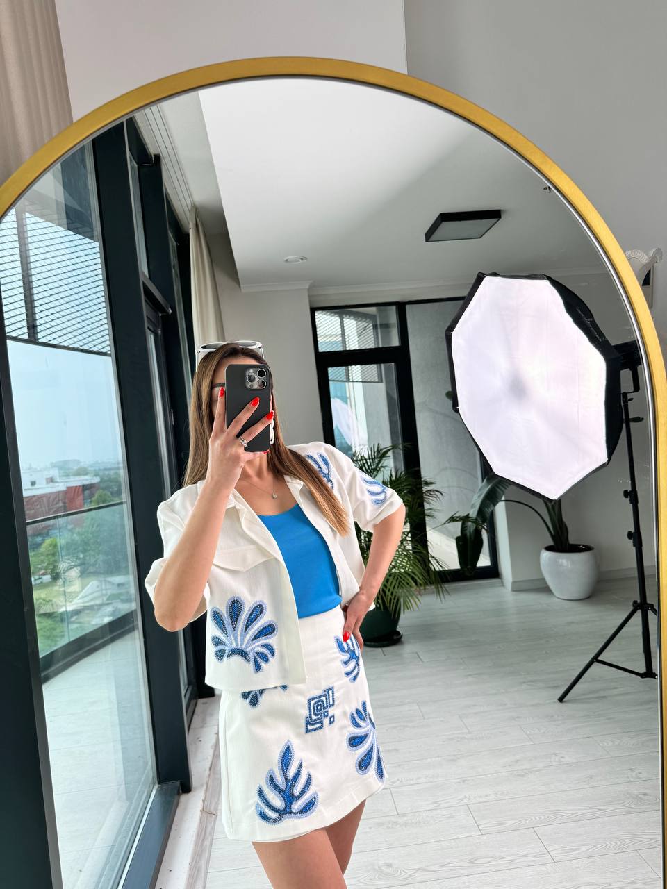 %100%20Pamuk%20Keten%20Gabardin%20Mavi%20Nakışlı%20Premium%20Şort%20Etek%20Ceket%20Takım
