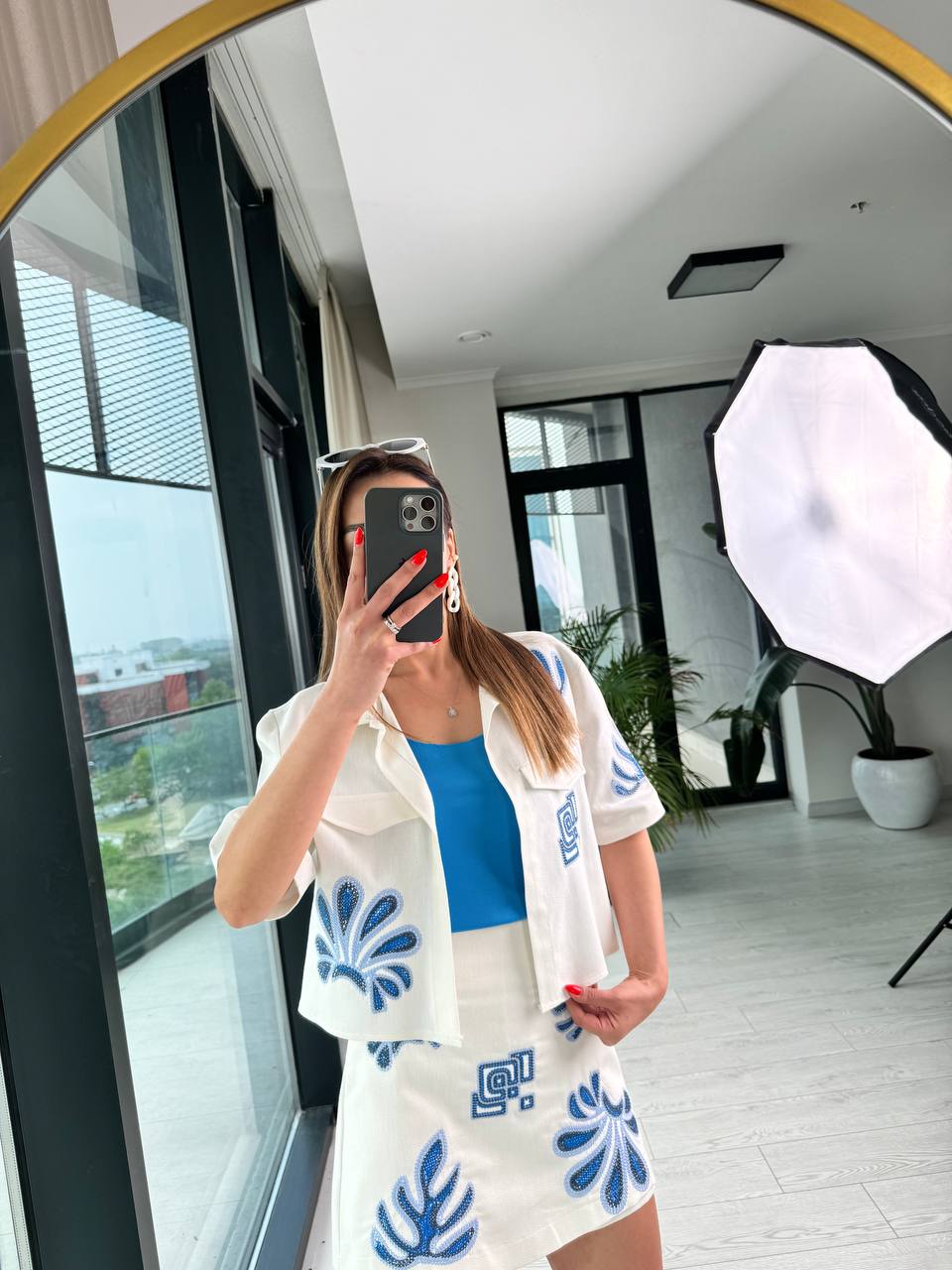 %100%20Pamuk%20Keten%20Gabardin%20Mavi%20Nakışlı%20Premium%20Şort%20Etek%20Ceket%20Takım