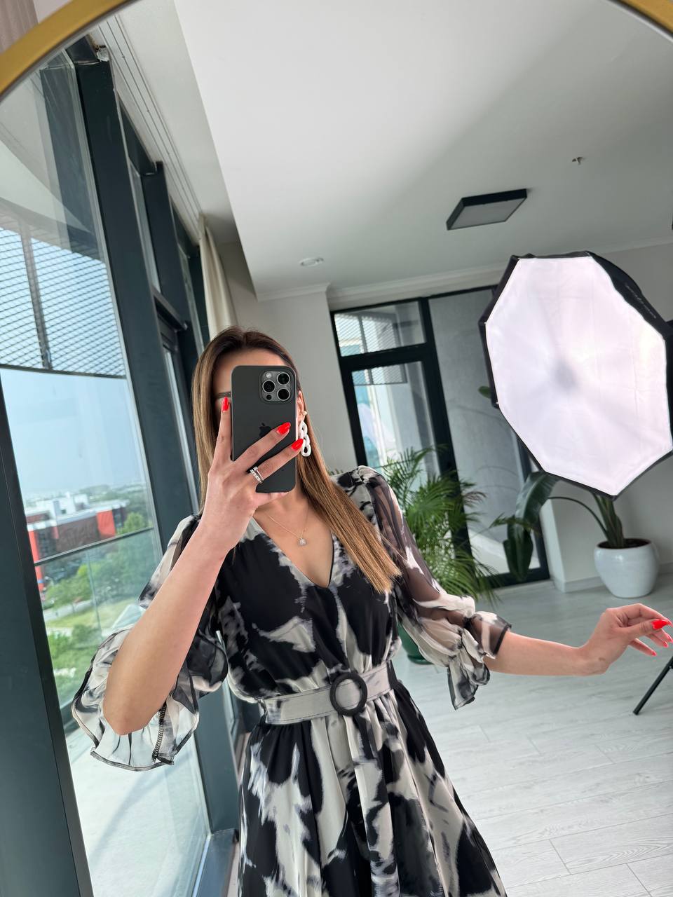 Siyah%20Desenli%20Kemerli%20Astarlı%20ipekli%20şifon%20Elbise