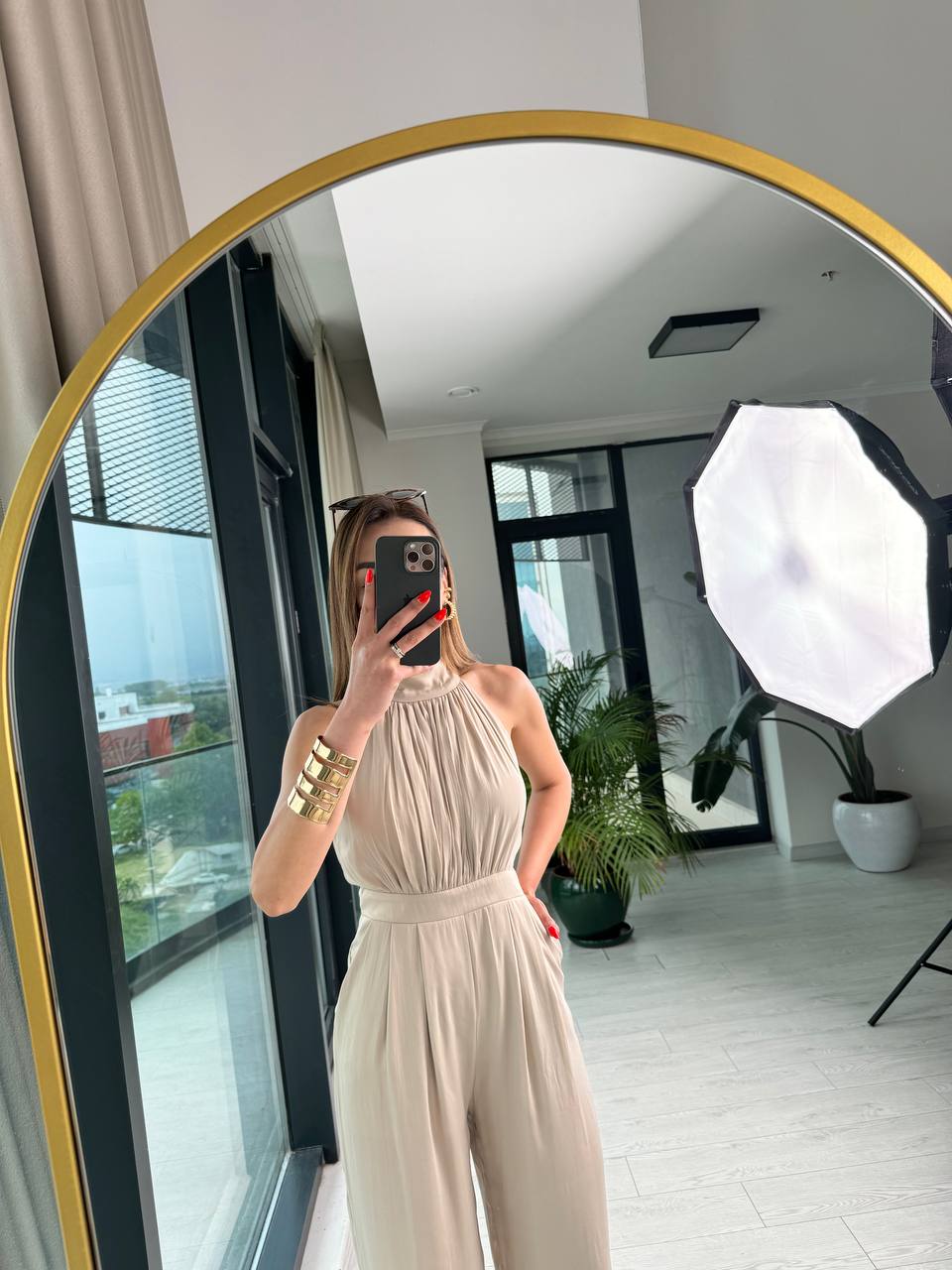 Tasarım%20Taş%20Rengi%20Astarlı%20Halter%20Pamuklu%20Saten%20Tulum