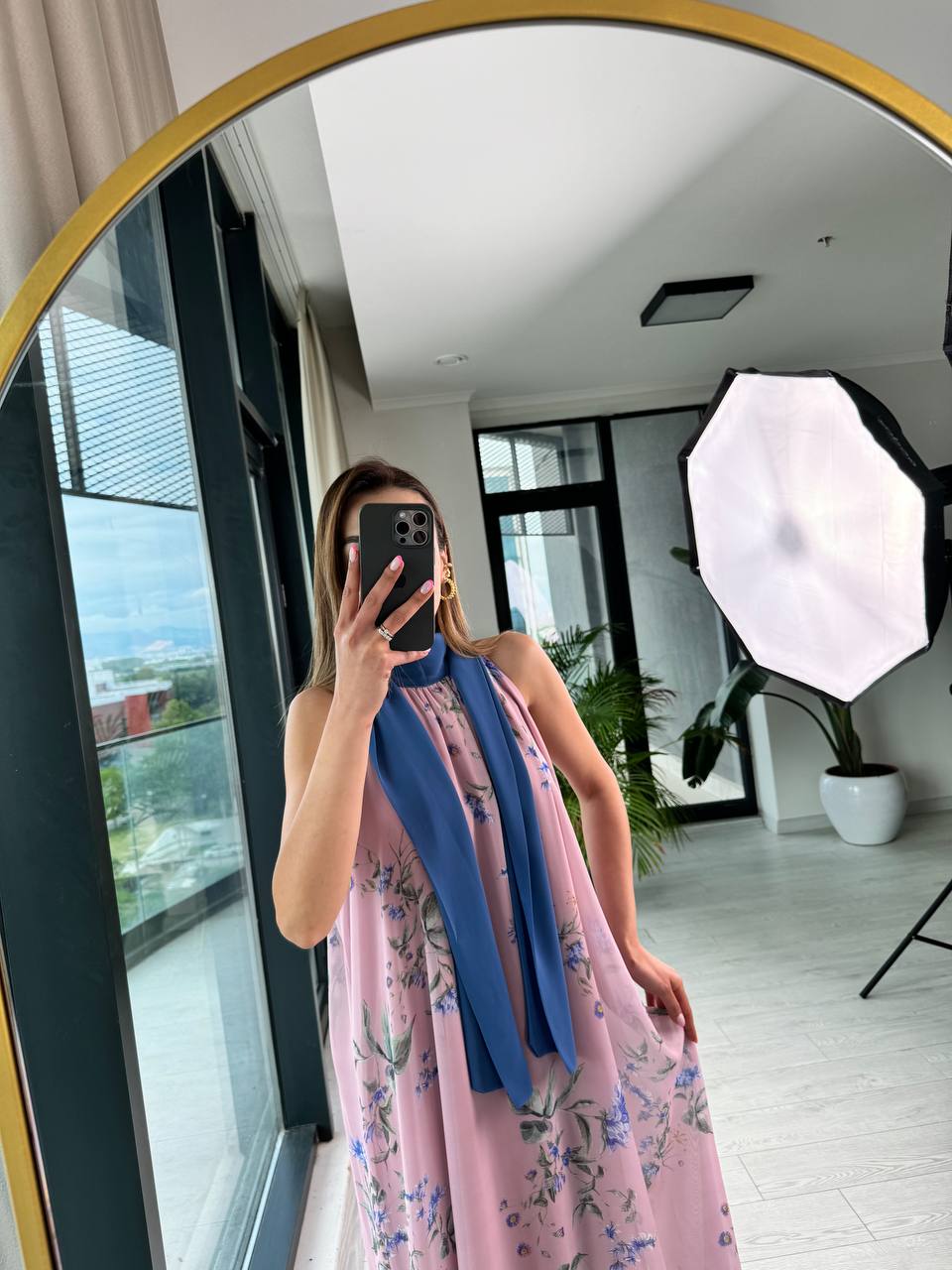 Açık%20Pembe%20indigo%20Boyun%20Bağlamalı%20Astarlı%20şifon%20Elbise