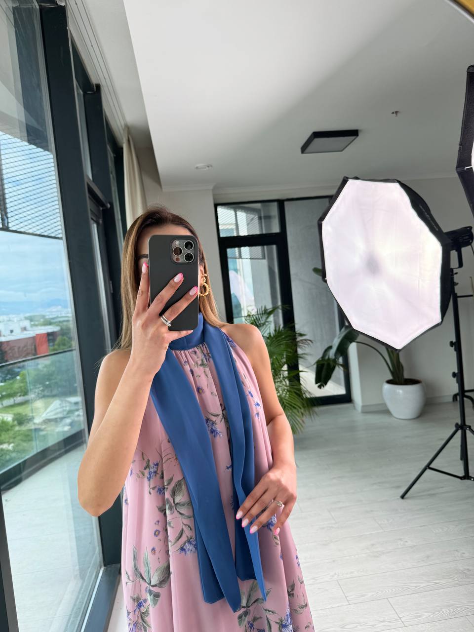 Açık%20Pembe%20indigo%20Boyun%20Bağlamalı%20Astarlı%20şifon%20Elbise