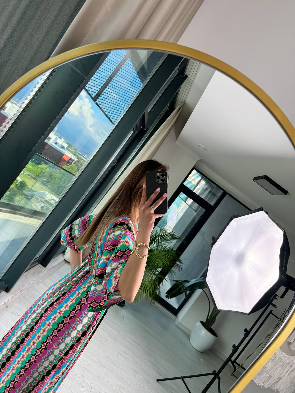 Pembe%20Halka%20Desenli%20Kruvaze%20Yaka%20Pamuklu%20Viskon%20Kumaş%20Elbise