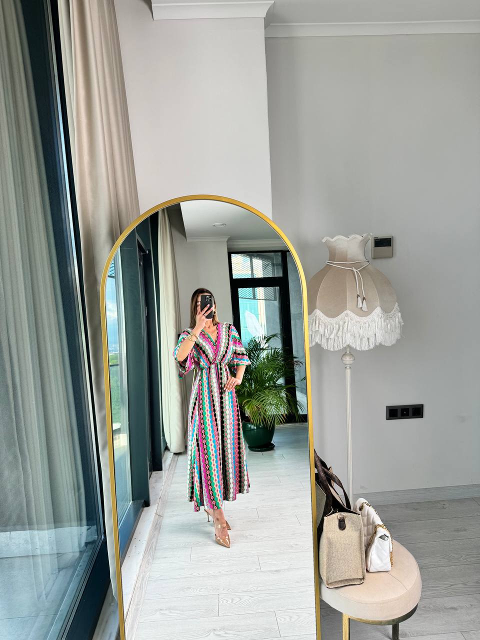 Pembe%20Halka%20Desenli%20Kruvaze%20Yaka%20Pamuklu%20Viskon%20Kumaş%20Elbise