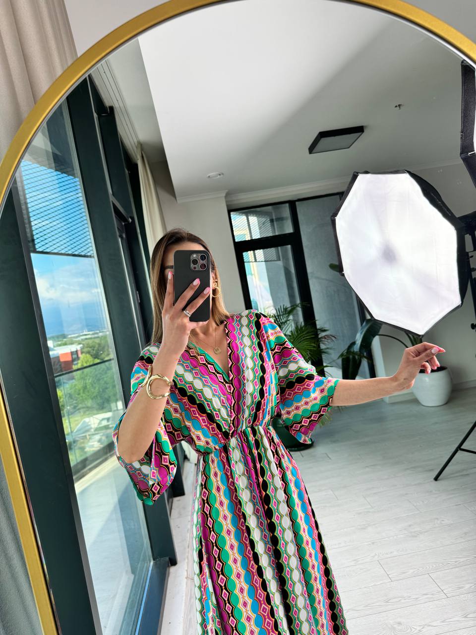 Pembe%20Halka%20Desenli%20Kruvaze%20Yaka%20Pamuklu%20Viskon%20Kumaş%20Elbise