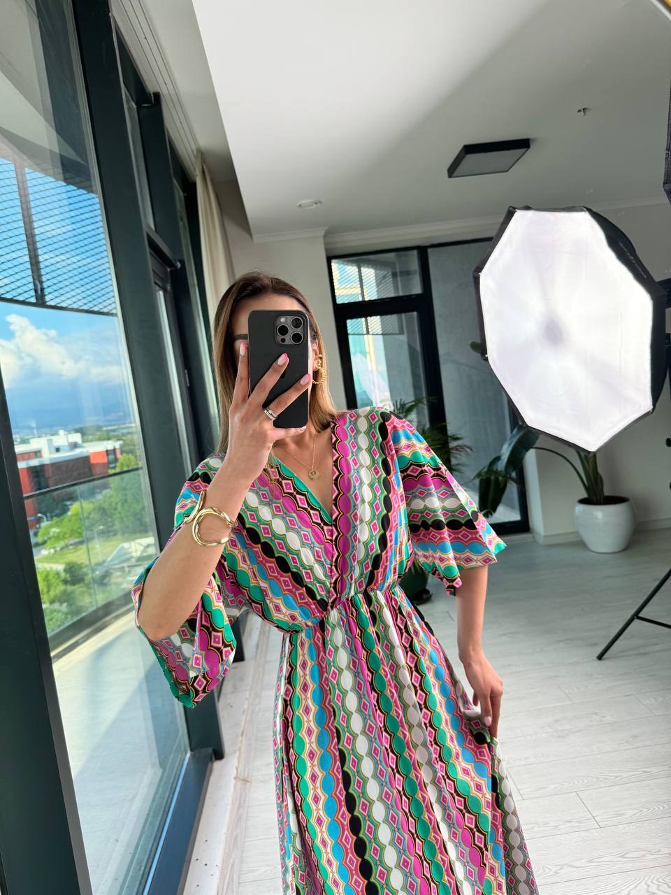 Pembe%20Halka%20Desenli%20Kruvaze%20Yaka%20Pamuklu%20Viskon%20Kumaş%20Elbise