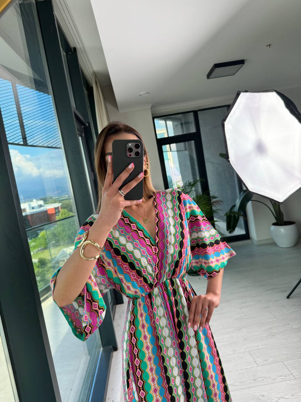 Pembe%20Halka%20Desenli%20Kruvaze%20Yaka%20Pamuklu%20Viskon%20Kumaş%20Elbise