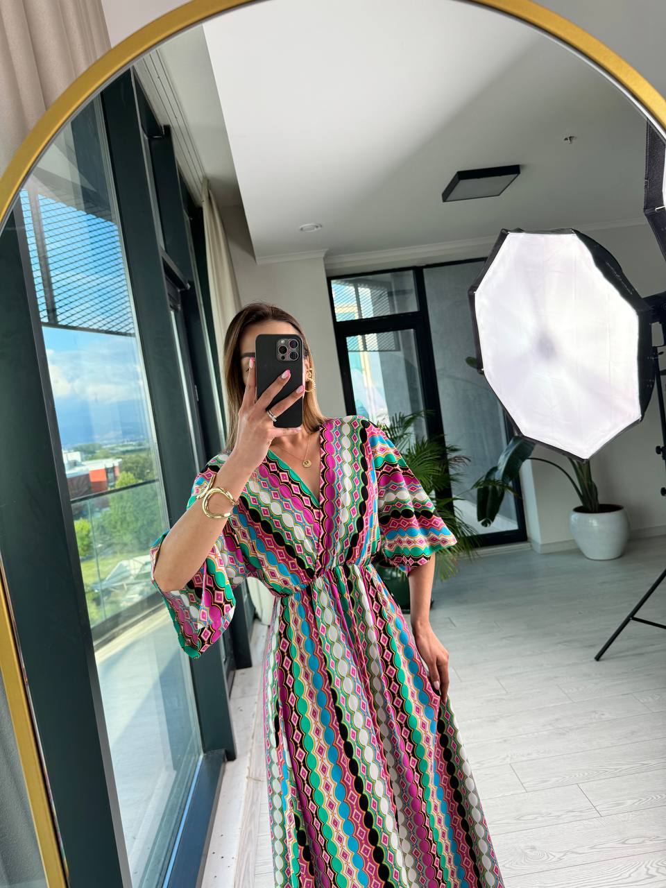 Pembe%20Halka%20Desenli%20Kruvaze%20Yaka%20Pamuklu%20Viskon%20Kumaş%20Elbise