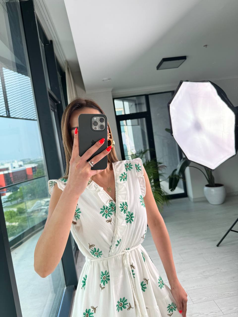 Yeşil%20Desenli%20Pamuklu%20Keten%20Astarlı%20Kolsuz%20Elbise