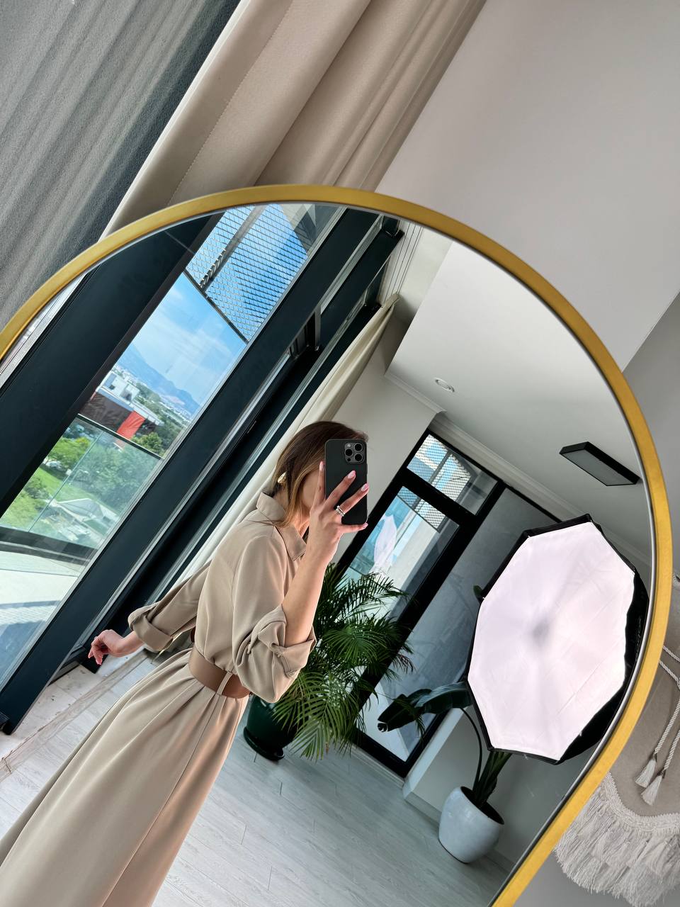 Açık%20Vizon%20Kemerli%20Düğmeli%20Krep%20Kumaş%20Gömlek%20Elbise