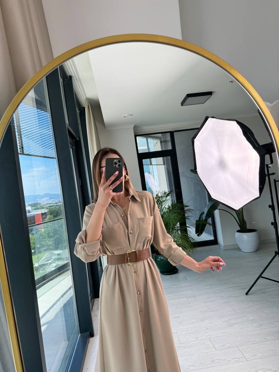 Açık%20Vizon%20Kemerli%20Düğmeli%20Krep%20Kumaş%20Gömlek%20Elbise