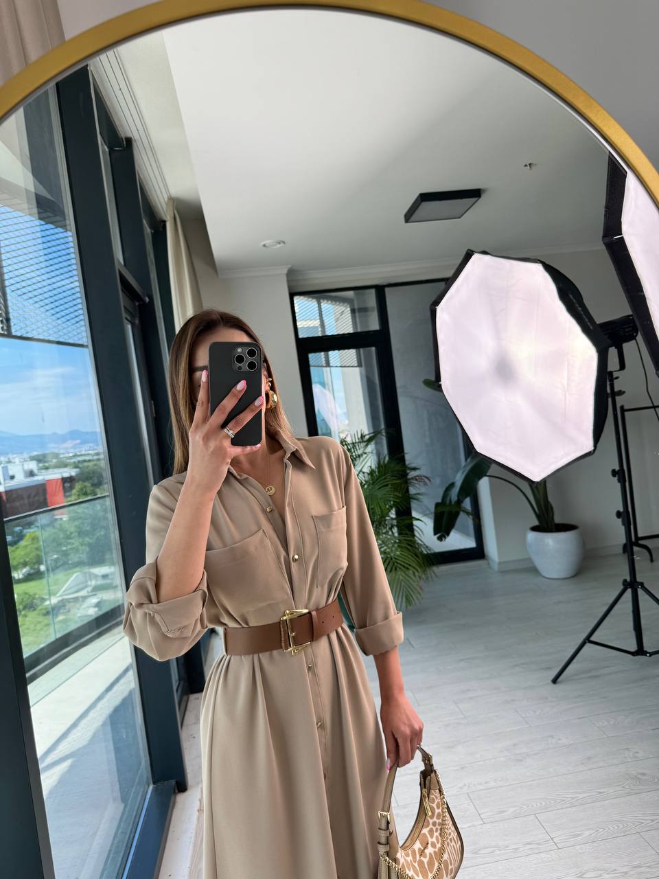 Açık%20Vizon%20Kemerli%20Düğmeli%20Krep%20Kumaş%20Gömlek%20Elbise