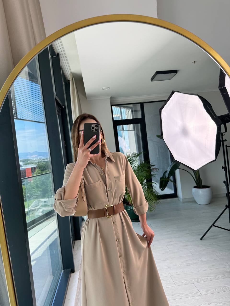 Açık%20Vizon%20Kemerli%20Düğmeli%20Krep%20Kumaş%20Gömlek%20Elbise