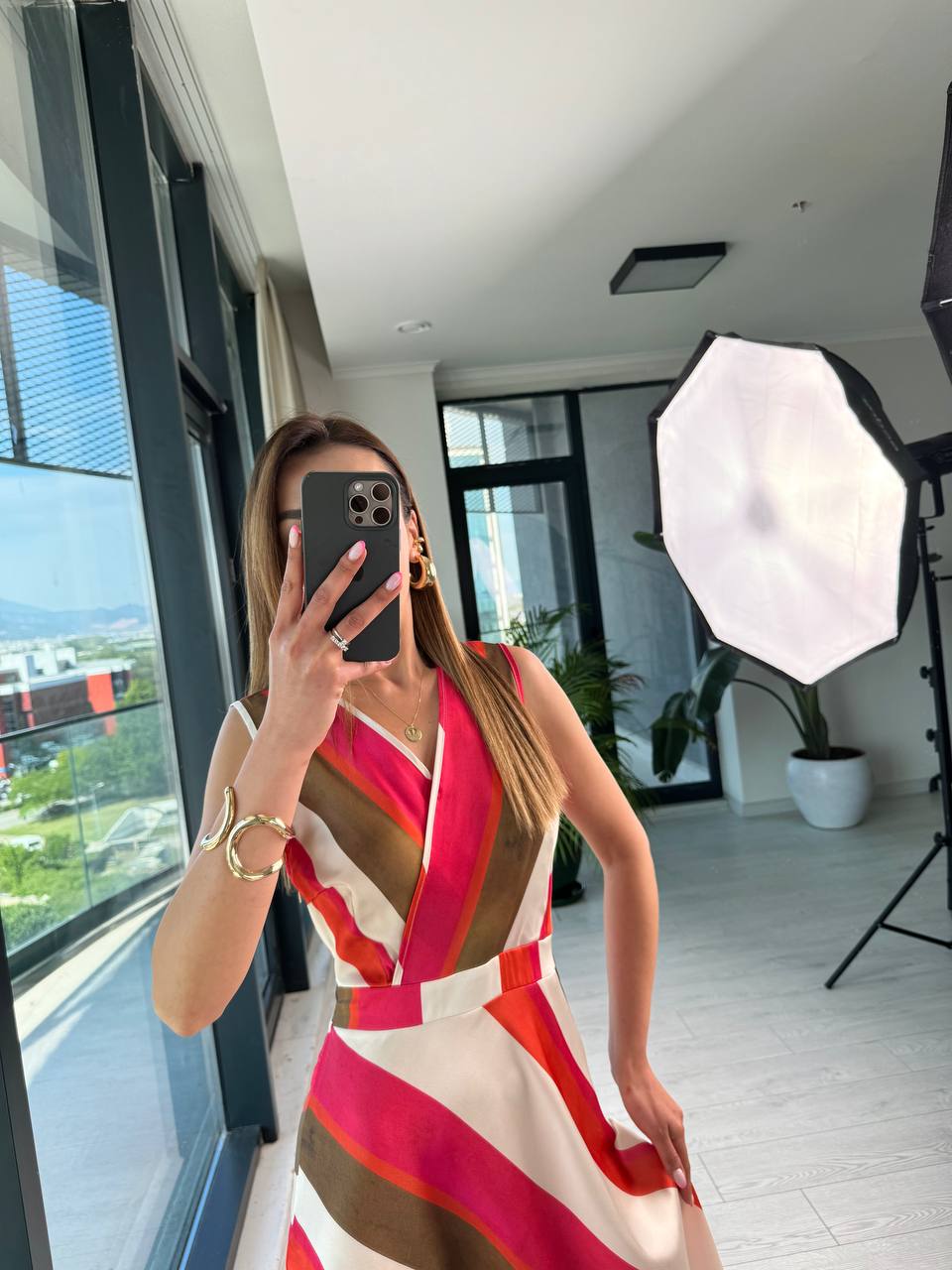 Fuşya%20Çizgili%20Lüks%20Kalite%20Saten%20Kumaş%20Elbise