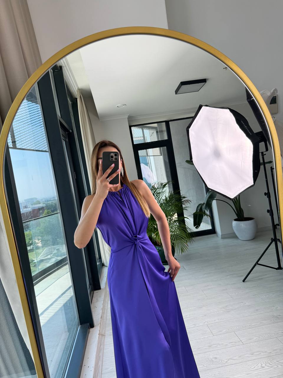 Tasarım%20Mor%20İpek%20Saten%20Yırtmaç%20Detaylı%20Elbise