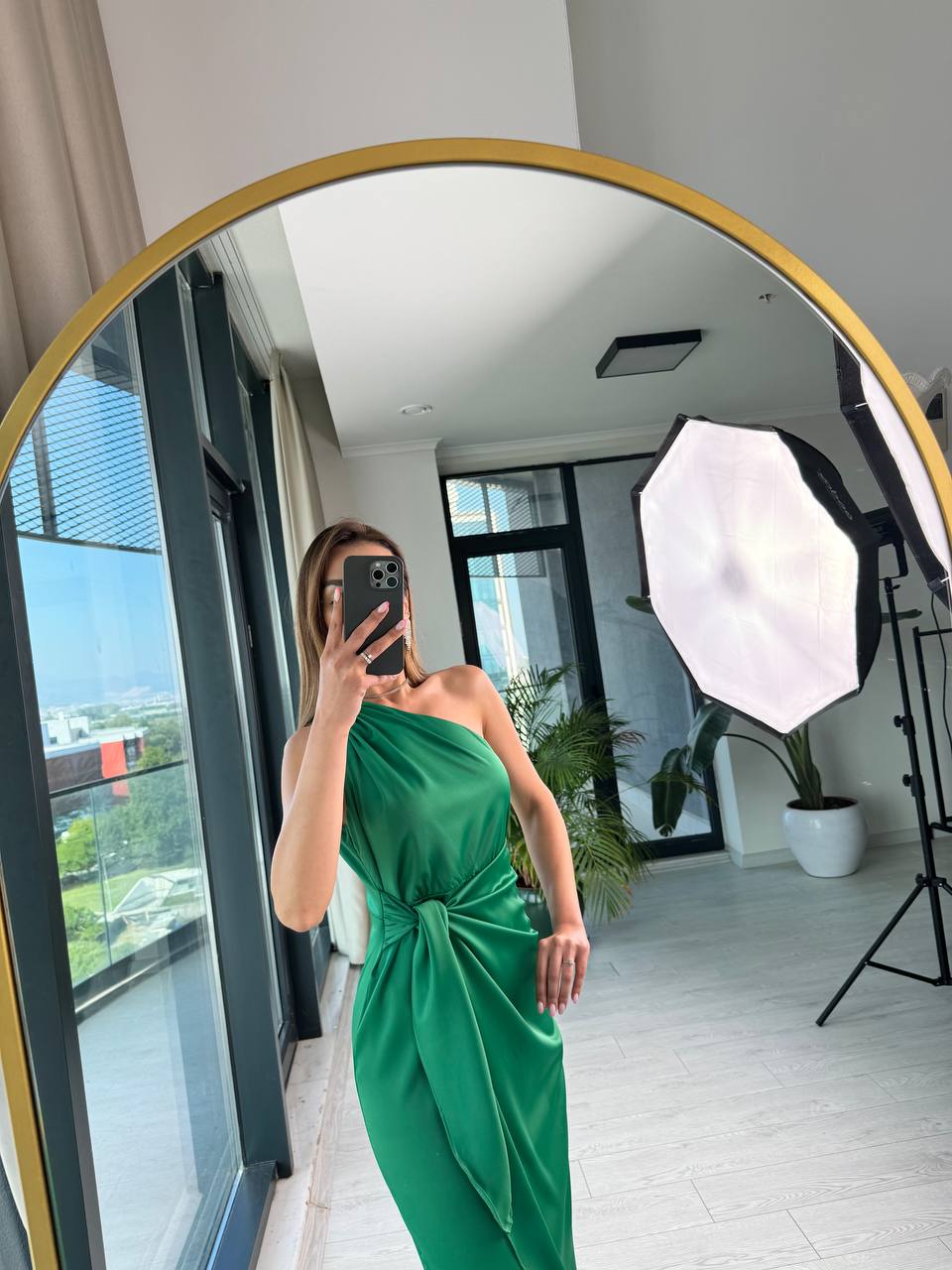 Açık%20Zümrüt%20Tek%20Kol%20Tok%20Saten%20Maria%20Elbise