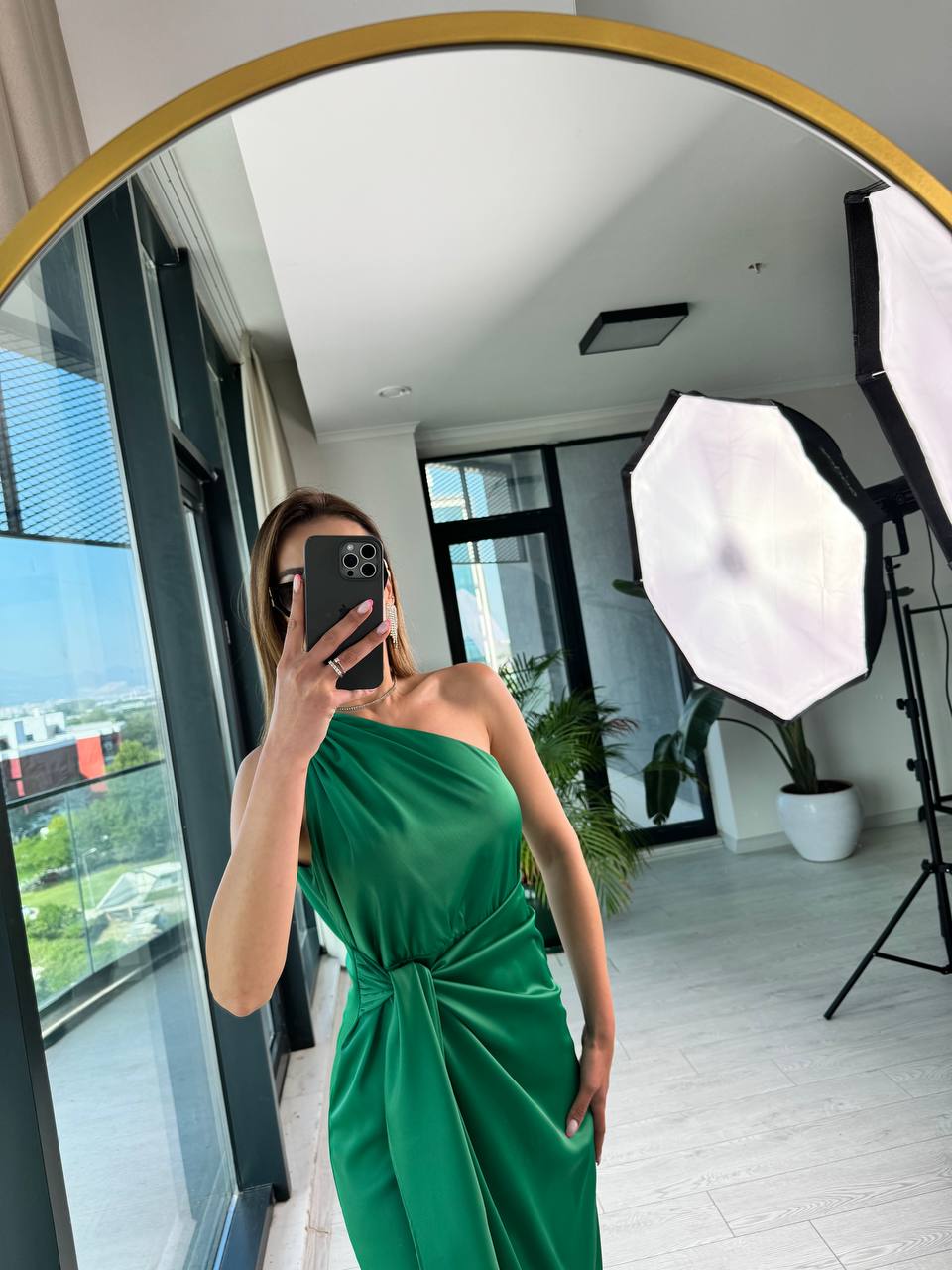 Açık%20Zümrüt%20Tek%20Kol%20Tok%20Saten%20Maria%20Elbise