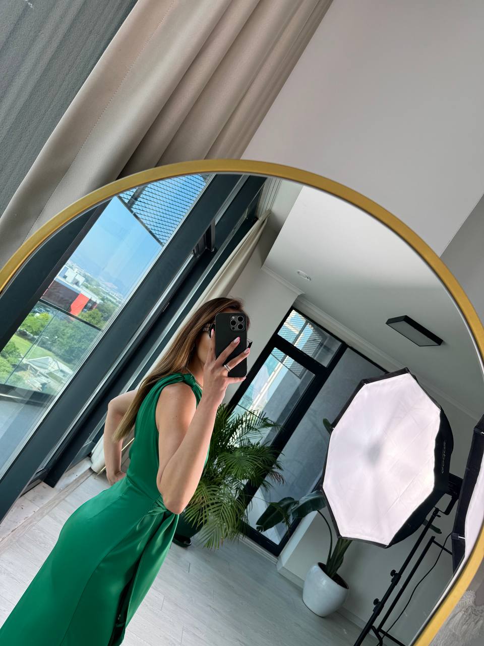 Açık%20Zümrüt%20Tek%20Kol%20Tok%20Saten%20Maria%20Elbise