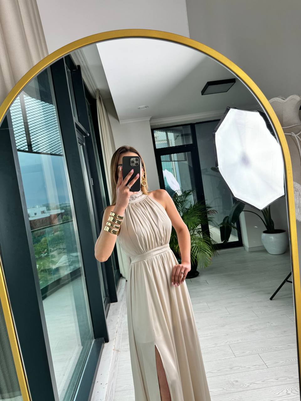 Taş%20Rengi%20Tasarım%20Astarlı%20Lüks%20Kalite%20Saten%20Elbise