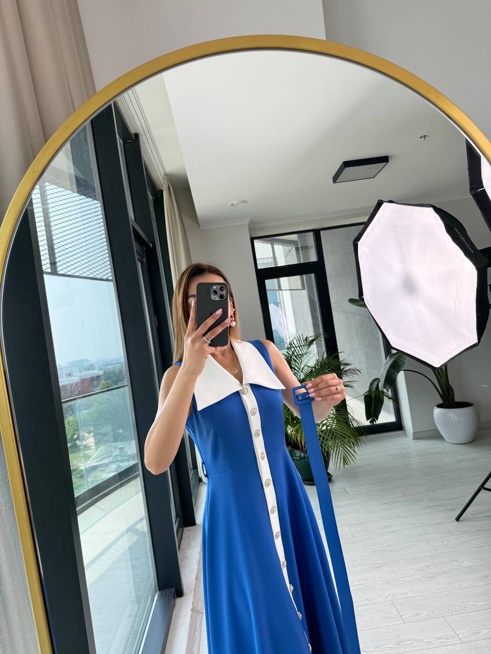 Mavi%20inci%20Taş%20Düğme%20Detaylı%20Lüks%20Kalite%20Kemerli%20Kloş%20Elbise
