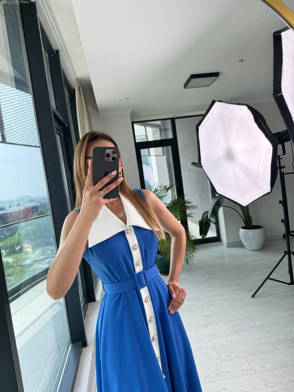 Mavi%20inci%20Taş%20Düğme%20Detaylı%20Lüks%20Kalite%20Kemerli%20Kloş%20Elbise