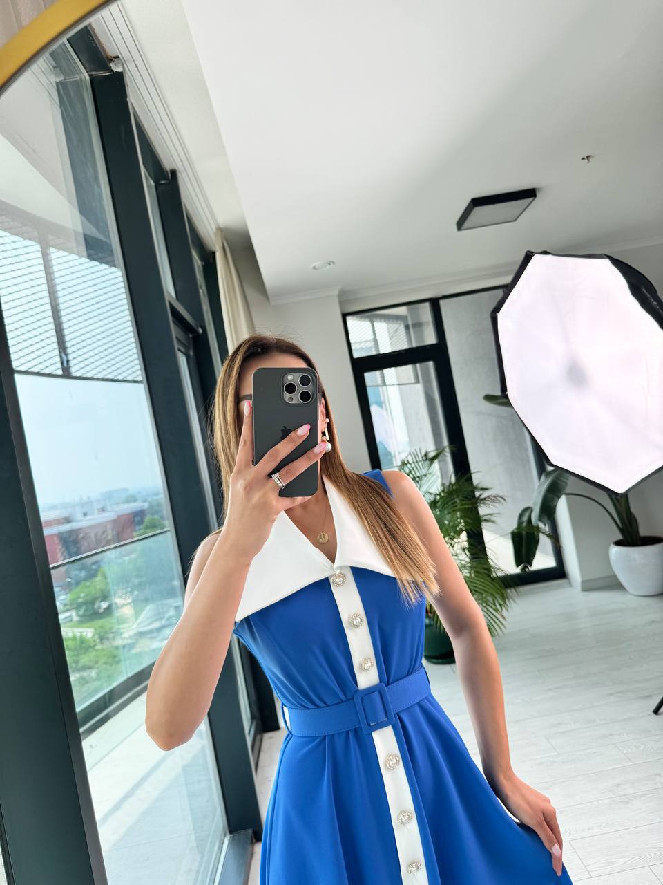 Mavi%20inci%20Taş%20Düğme%20Detaylı%20Lüks%20Kalite%20Kemerli%20Kloş%20Elbise