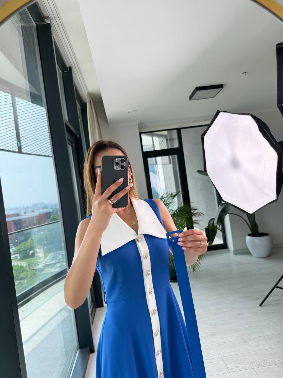 Mavi%20inci%20Taş%20Düğme%20Detaylı%20Lüks%20Kalite%20Kemerli%20Kloş%20Elbise