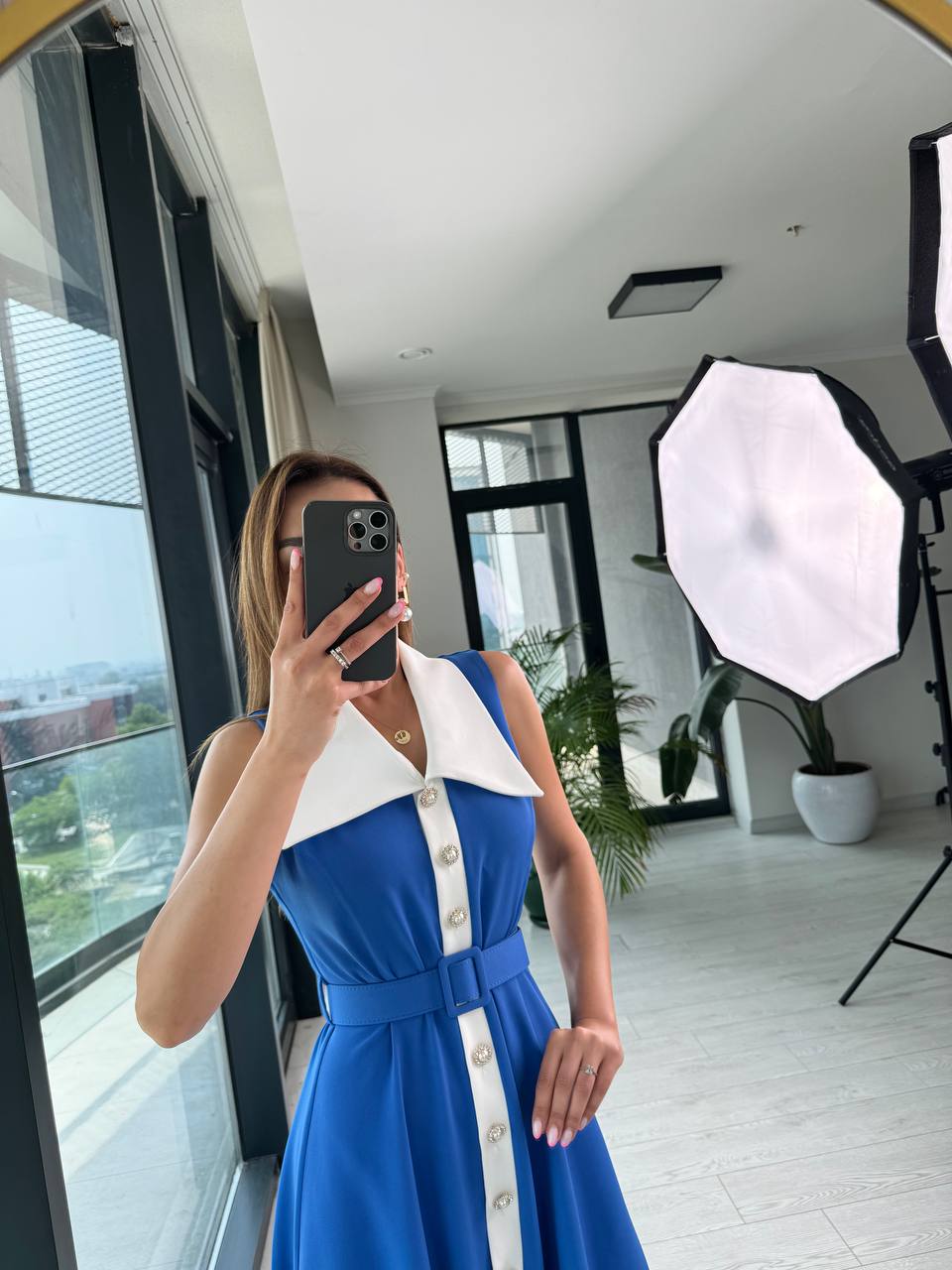 Mavi%20inci%20Taş%20Düğme%20Detaylı%20Lüks%20Kalite%20Kemerli%20Kloş%20Elbise