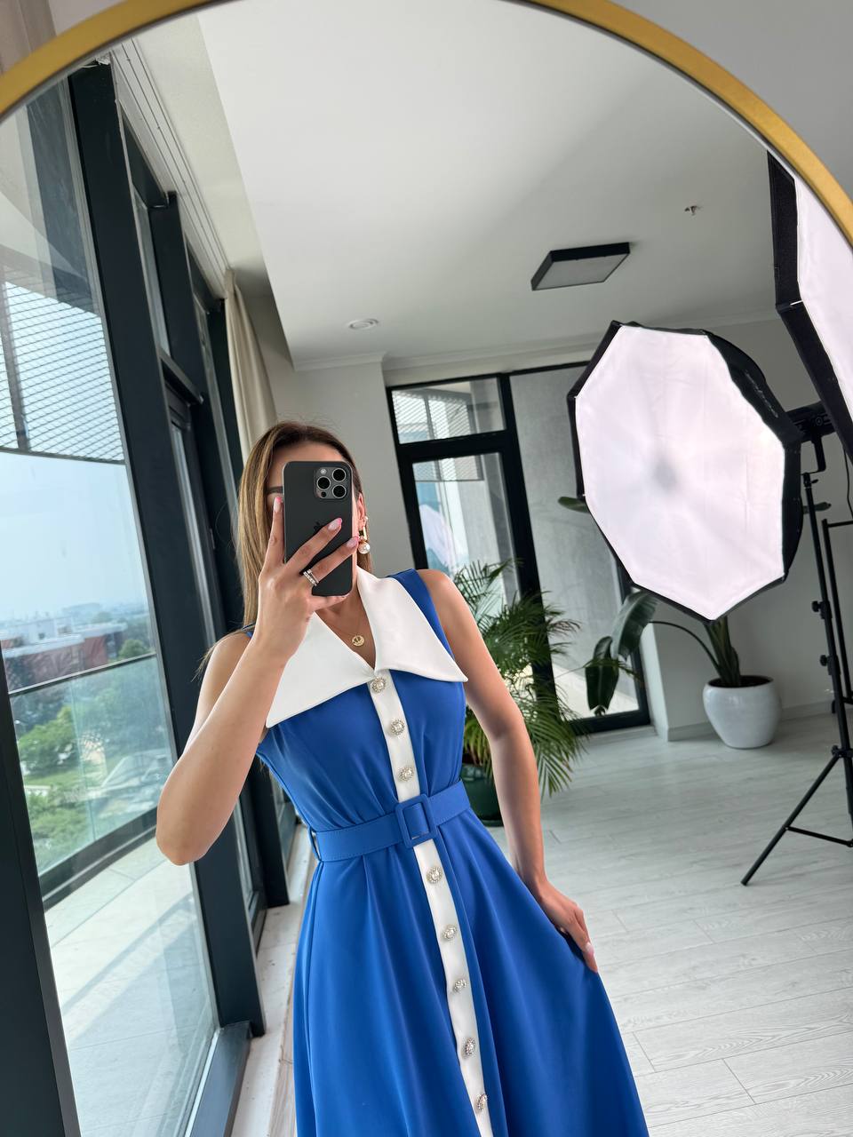 Mavi%20inci%20Taş%20Düğme%20Detaylı%20Lüks%20Kalite%20Kemerli%20Kloş%20Elbise