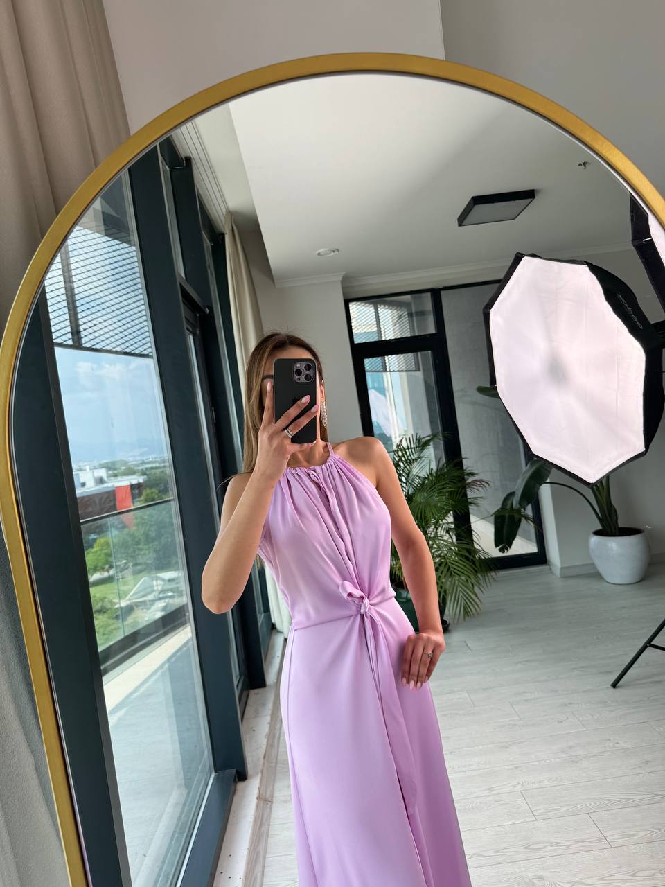 Tasarım%20Lila%20İpek%20Saten%20Yırtmaç%20Detaylı%20Elbise