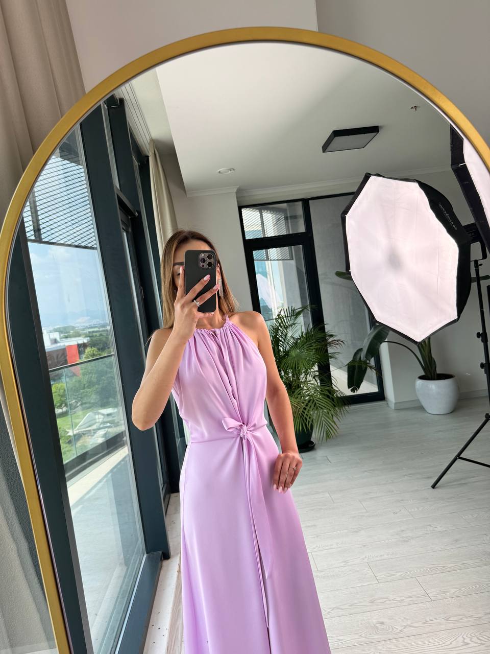 Tasarım%20Lila%20İpek%20Saten%20Yırtmaç%20Detaylı%20Elbise