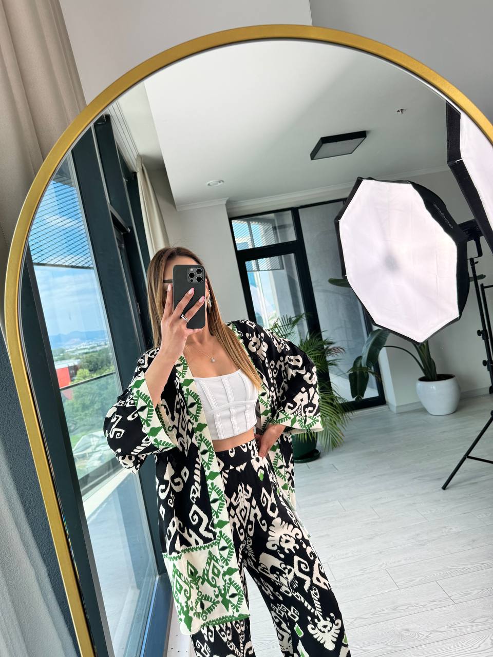 Siyah%20Yeşil%20Pamuklu%20Viskon%20Pantolon%20Kimono%20Tiril%20Takım