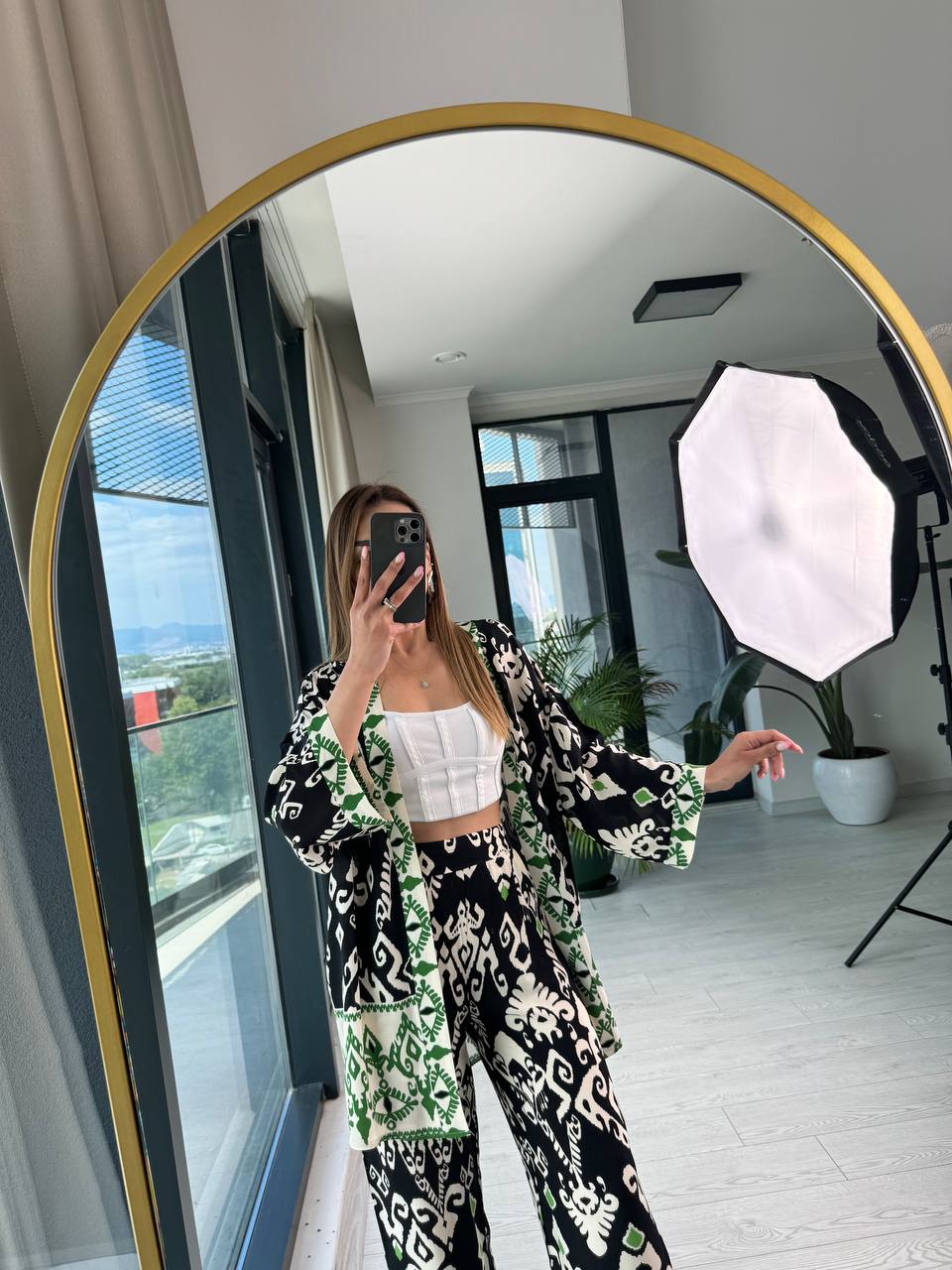 Siyah%20Yeşil%20Pamuklu%20Viskon%20Pantolon%20Kimono%20Tiril%20Takım