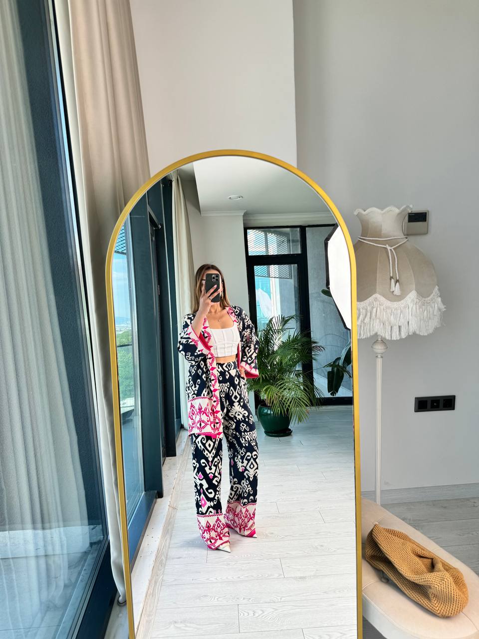 Lacivert%20Pembe%20Pamuklu%20Viskon%20Pantolon%20Kimono%20Tiril%20Takım