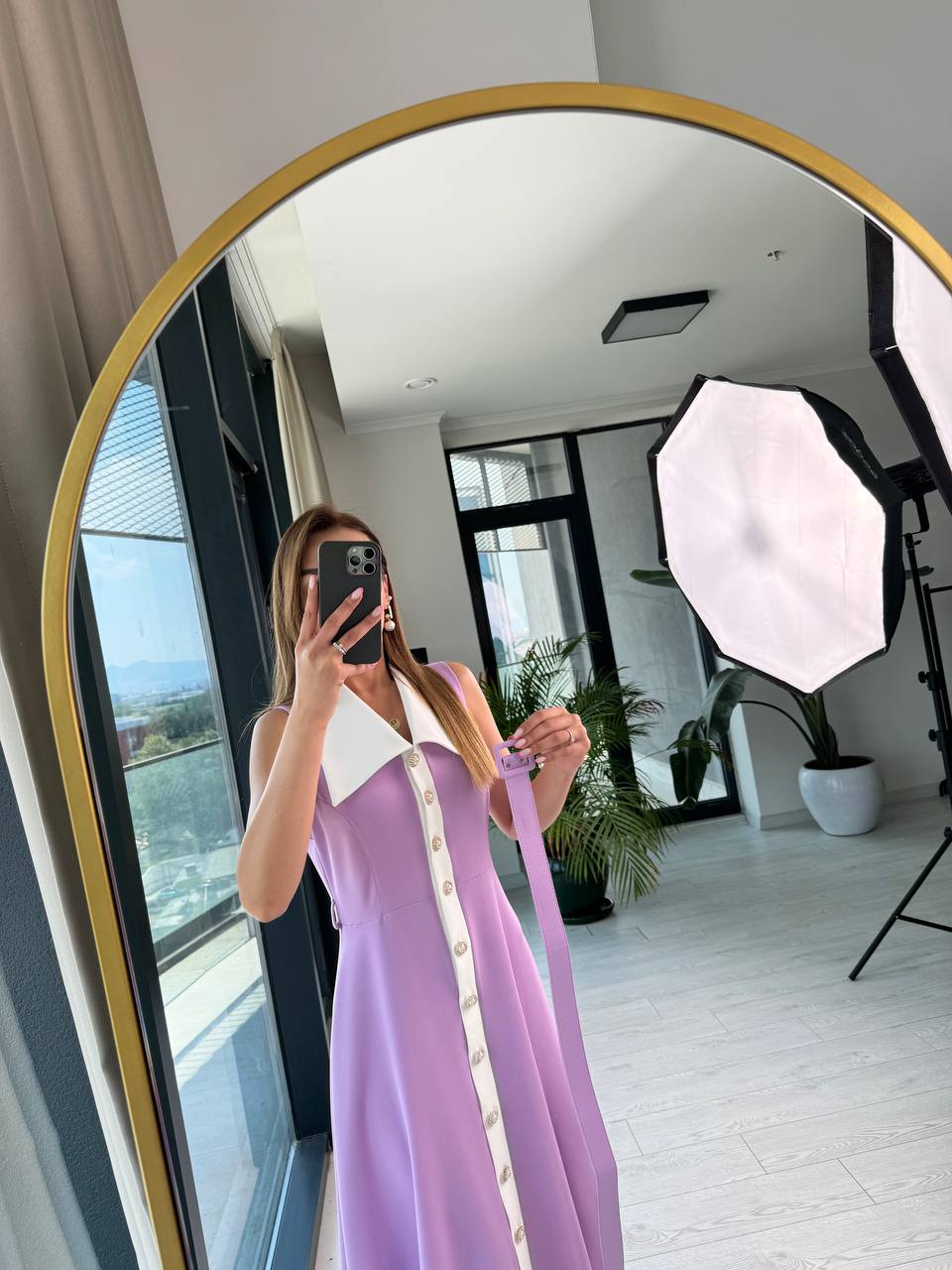 Lila%20inci%20Taş%20Düğme%20Detaylı%20Lüks%20Kalite%20Kemerli%20Kloş%20Elbise