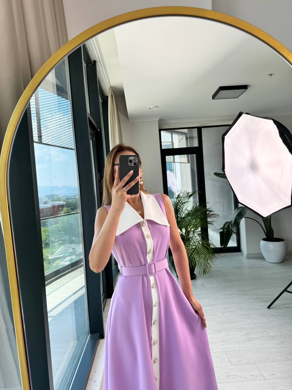 Lila%20inci%20Taş%20Düğme%20Detaylı%20Lüks%20Kalite%20Kemerli%20Kloş%20Elbise