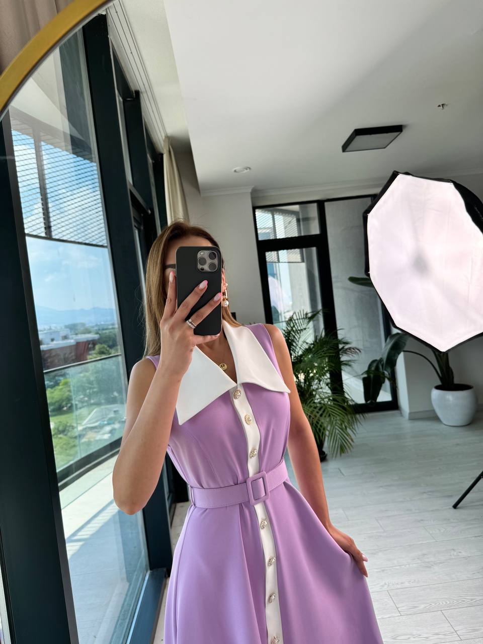 Lila%20inci%20Taş%20Düğme%20Detaylı%20Lüks%20Kalite%20Kemerli%20Kloş%20Elbise