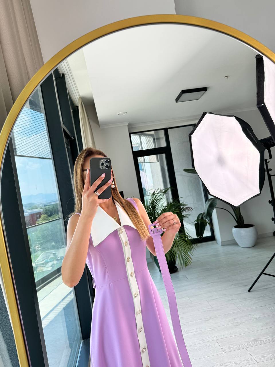 Lila%20inci%20Taş%20Düğme%20Detaylı%20Lüks%20Kalite%20Kemerli%20Kloş%20Elbise