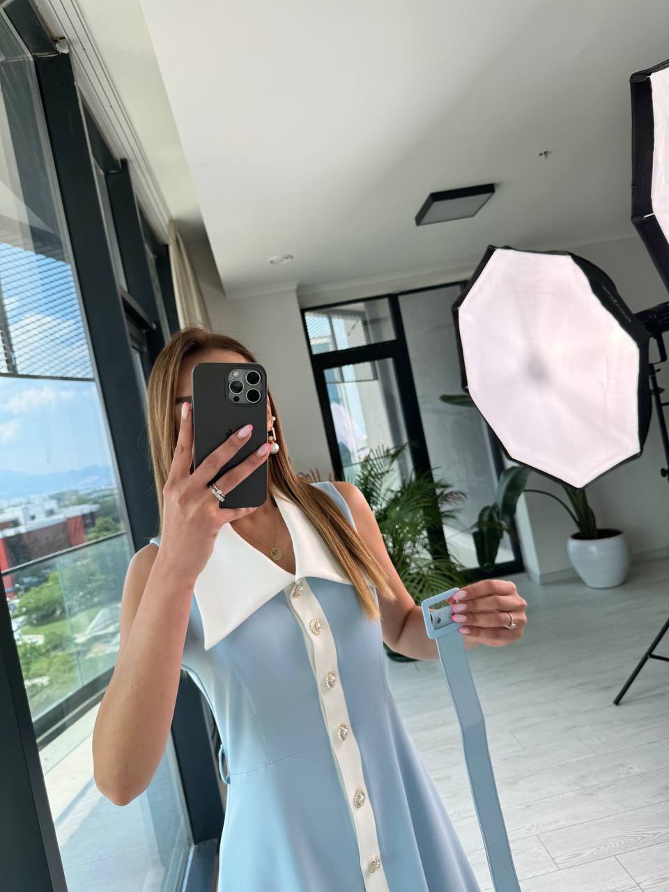 Bebe%20Mavi%20inci%20Taş%20Düğme%20Detaylı%20Lüks%20Kalite%20Kemerli%20Kloş%20Elbise