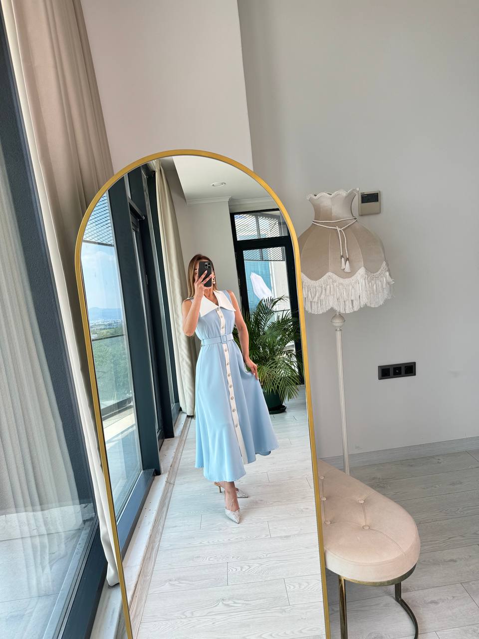 Bebe%20Mavi%20inci%20Taş%20Düğme%20Detaylı%20Lüks%20Kalite%20Kemerli%20Kloş%20Elbise