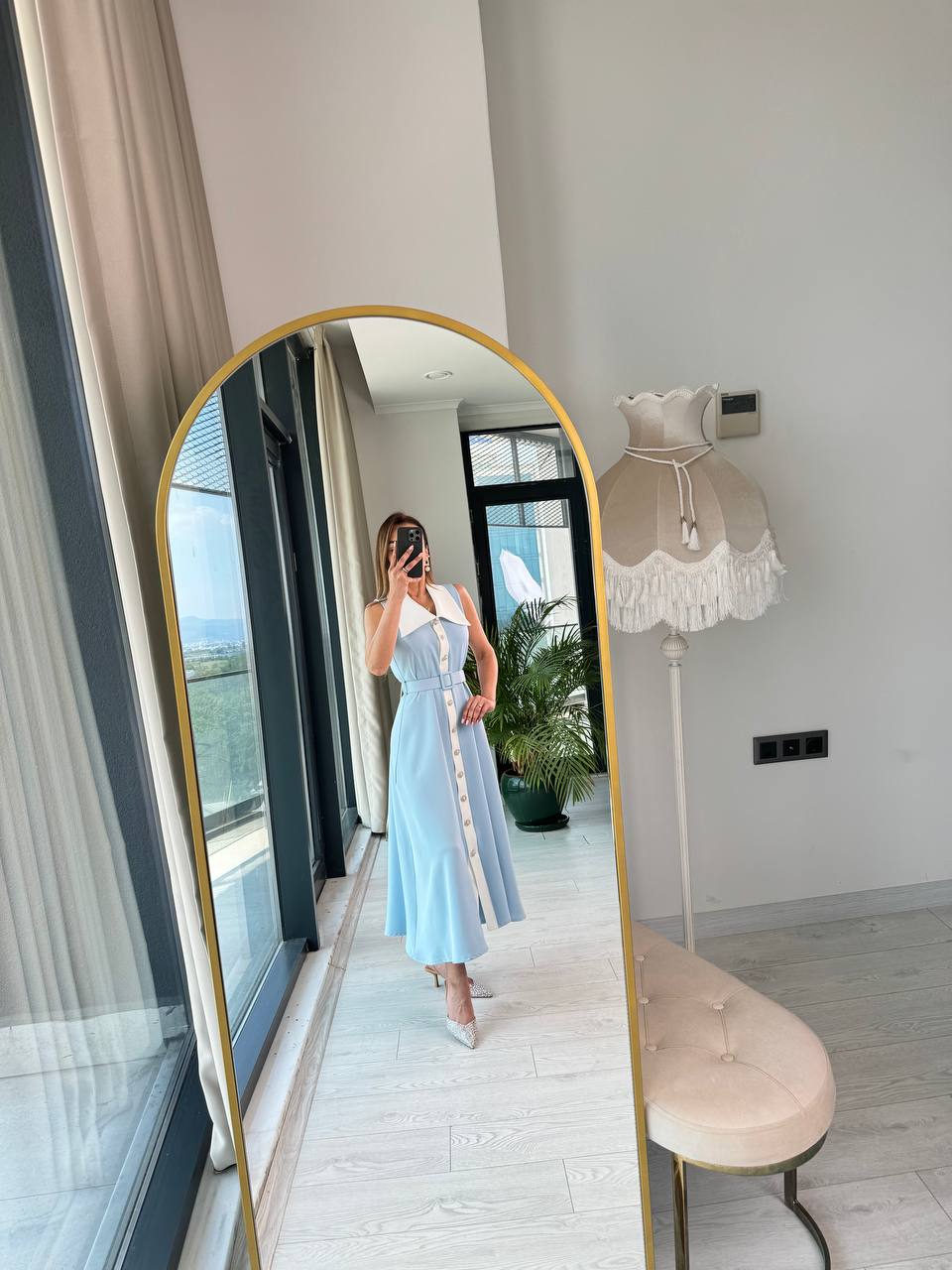 Bebe%20Mavi%20inci%20Taş%20Düğme%20Detaylı%20Lüks%20Kalite%20Kemerli%20Kloş%20Elbise