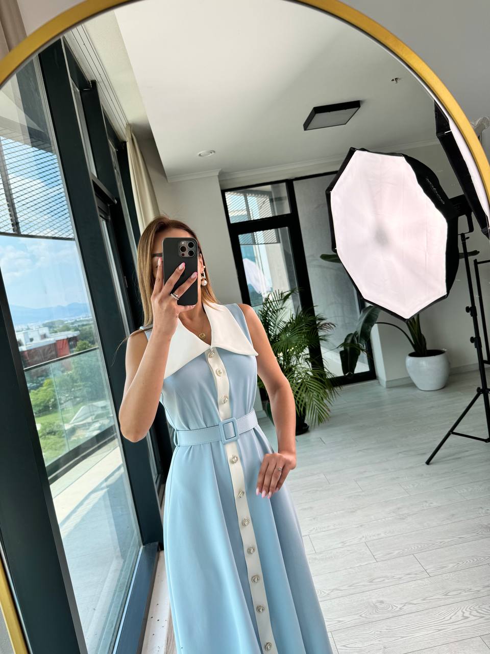 Bebe%20Mavi%20inci%20Taş%20Düğme%20Detaylı%20Lüks%20Kalite%20Kemerli%20Kloş%20Elbise